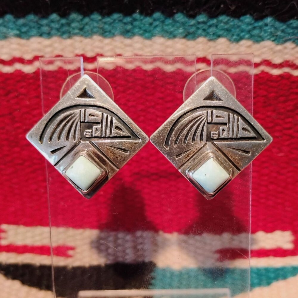 Vintage Native Signed Hopi Sterling Silver Overlay Larimar Stone Stud Earrings